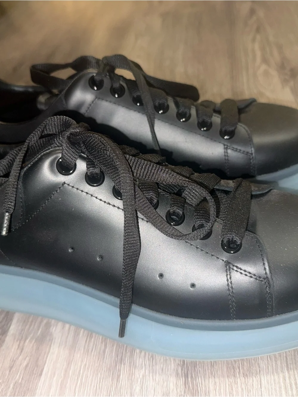 Alexander McQueen Black Leather Sneakers with Light Blue Translucent Soles